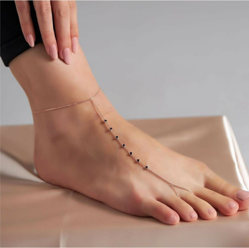 Black Beach Foot Jewelry Chain Crystal Beaded Ankle Bracelet with Toe Ring